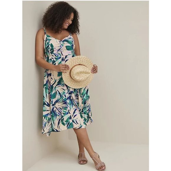 Torrid Tropical Print Challis Button Front Midi Dress Plus Size 6X Pink Green - Picture 8 of 8